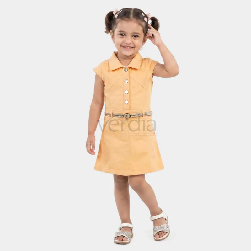 Hand Print Girls' Peach A-Line Belted Shirt Collar Frock view 5