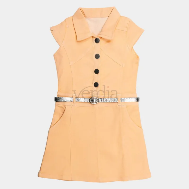 Hand Print Girls' Peach A-Line Belted Shirt Collar Frock view 6