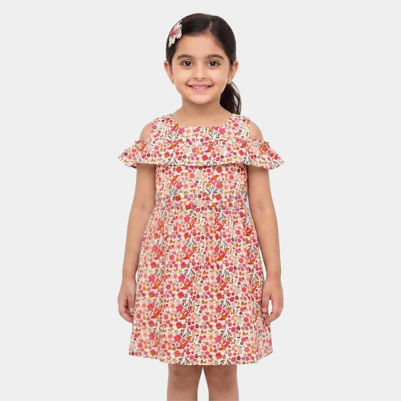 Hand Print Girls' Off White Floral Printed Fit and Flare Frock