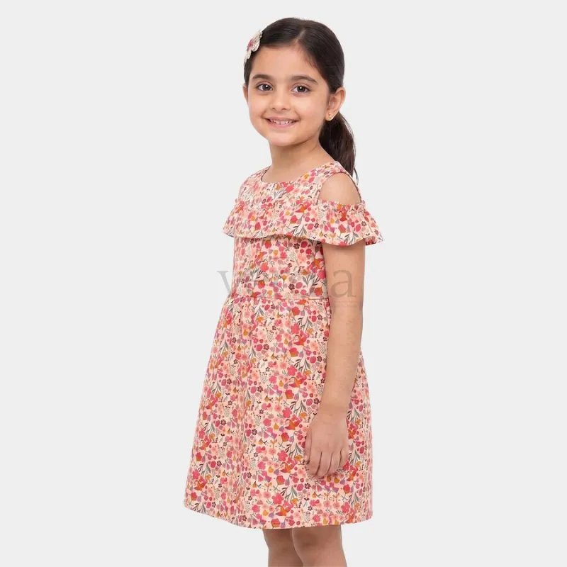 Hand Print Girls' Off White Floral Printed Fit and Flare Frock