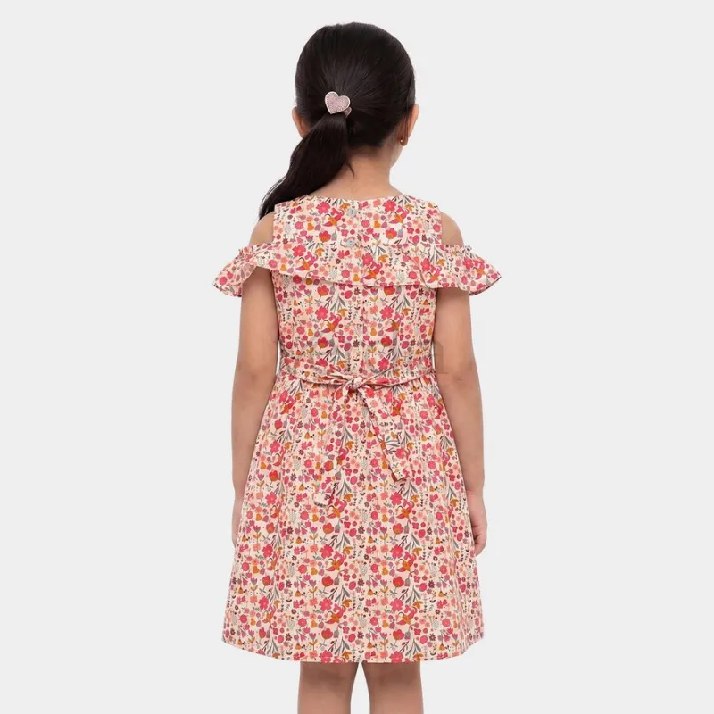Hand Print Girls' Off White Floral Printed Fit and Flare Frock view 3