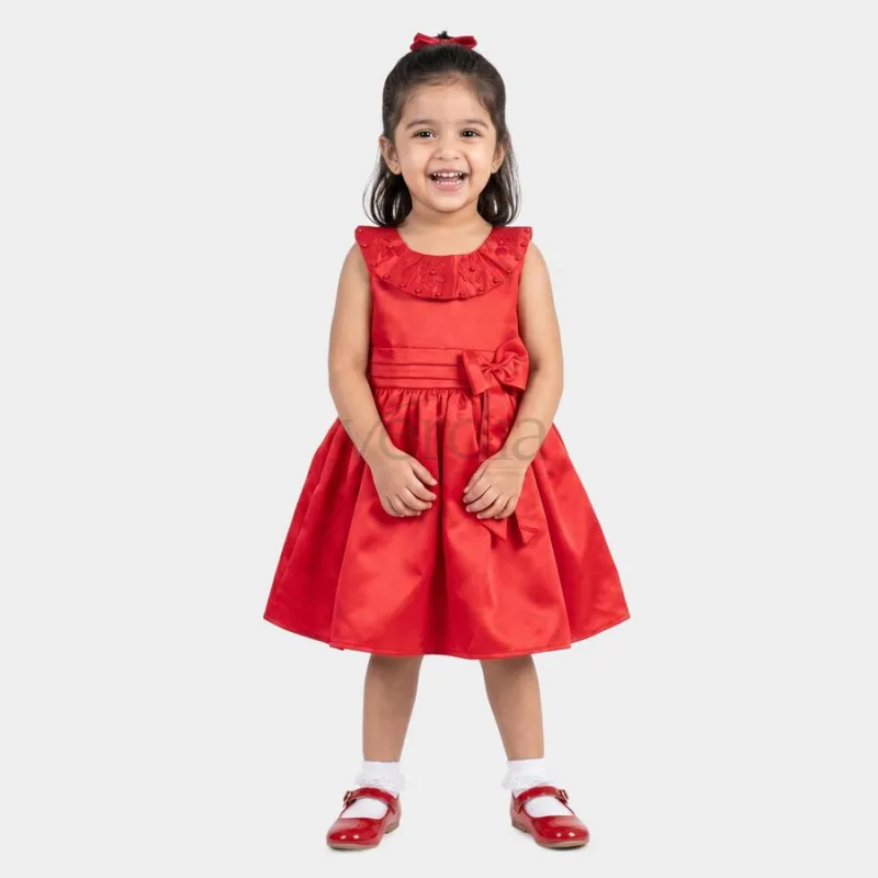 Hand Print Girls' Red Fit and Flare Embellished Bow Party Wear Frock
