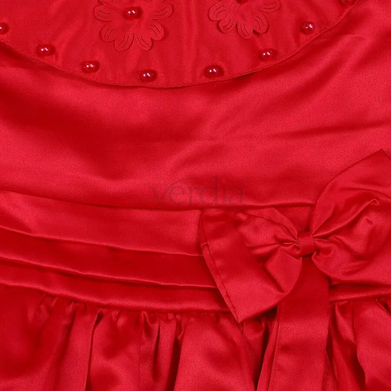 Hand Print Girls' Red Fit and Flare Embellished Bow Party Wear Frock view 4