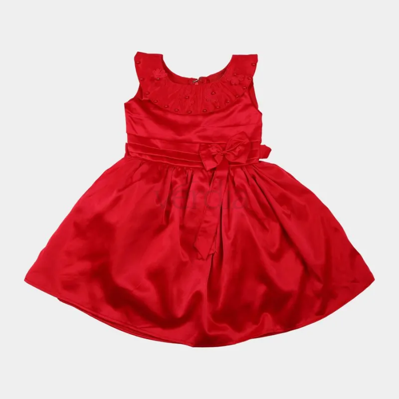 Hand Print Girls' Red Fit and Flare Embellished Bow Party Wear Frock view 6