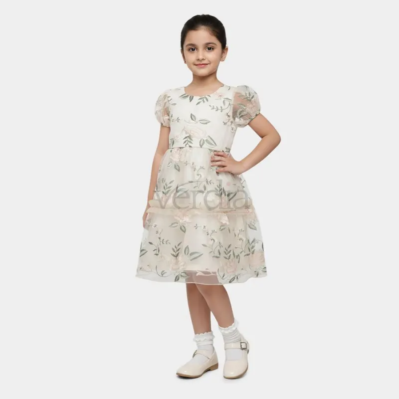 Hand Print Girls' Beige Fit and Flare Lace Overlay Frock