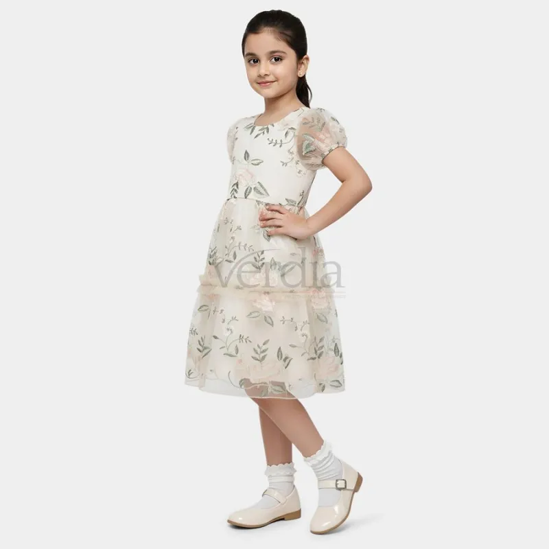 Hand Print Girls' Beige Fit and Flare Lace Overlay Frock