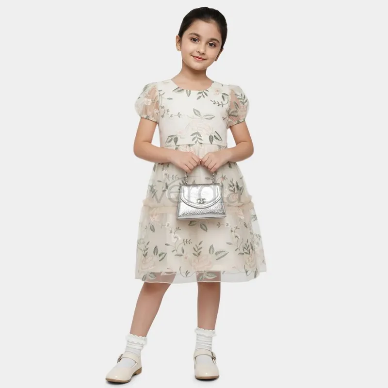 Hand Print Girls' Beige Fit and Flare Lace Overlay Frock view 5