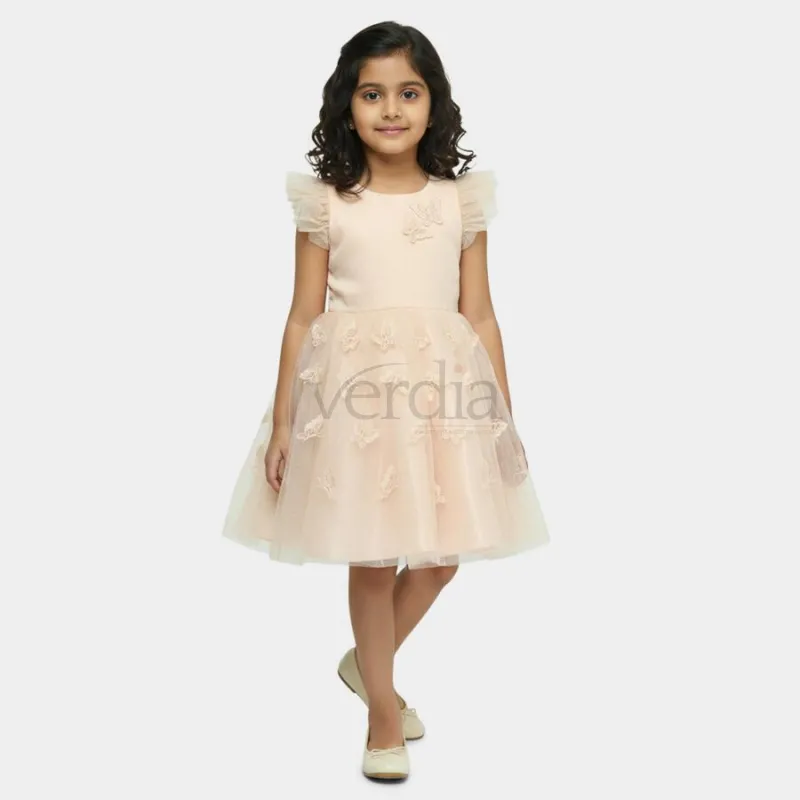Hand Print Girls' Navy Blue Regular Fit Floral Printed Tiered Frock