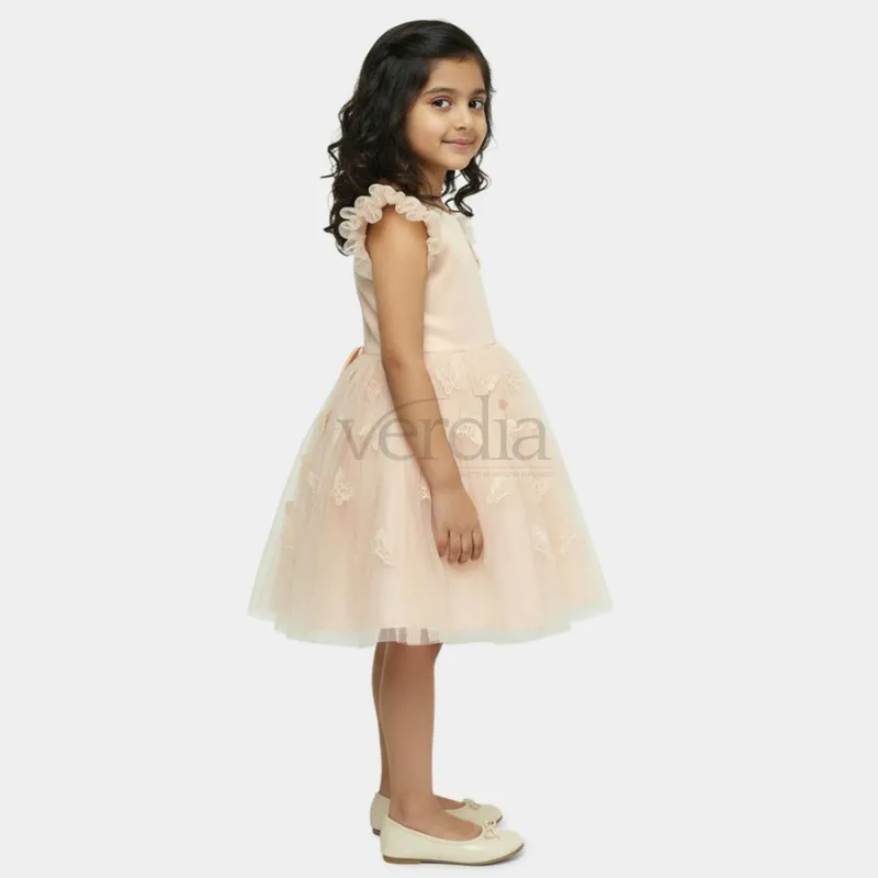 Hand Print Girls' Navy Blue Regular Fit Floral Printed Tiered Frock