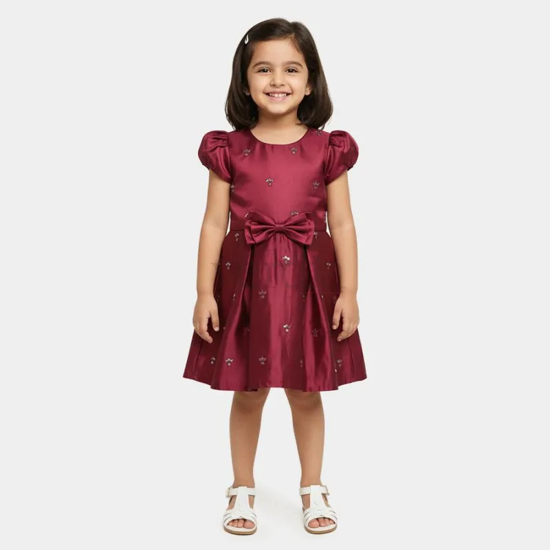 Hand Print Girls' Maroon Fit and Flare Sequin Embellished Frock