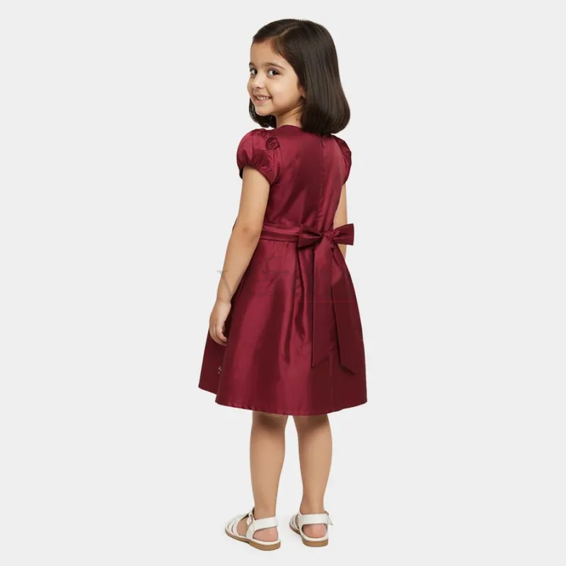 Hand Print Girls' Maroon Fit and Flare Sequin Embellished Frock view 3