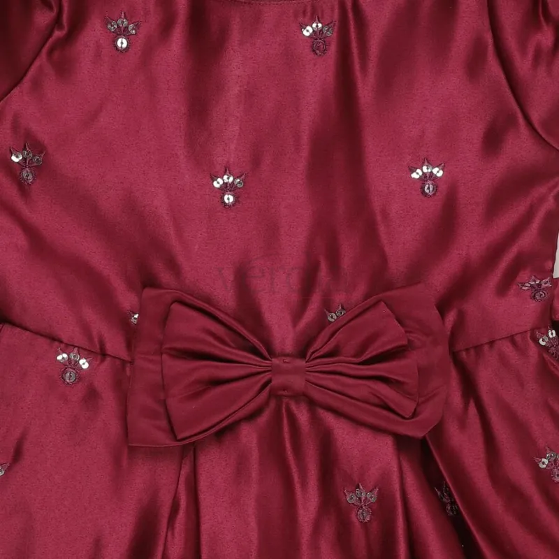 Hand Print Girls' Maroon Fit and Flare Sequin Embellished Frock view 4