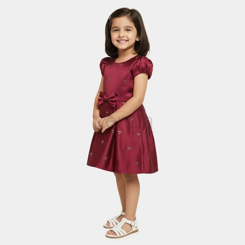 Hand Print Girls' Maroon Fit and Flare Sequin Embellished Frock view 5
