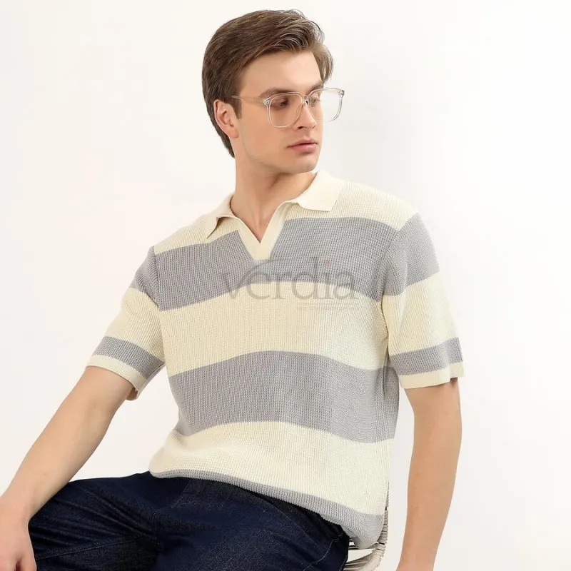 Men's Light Grey and Cream Polo Neck Striped T-Shirt