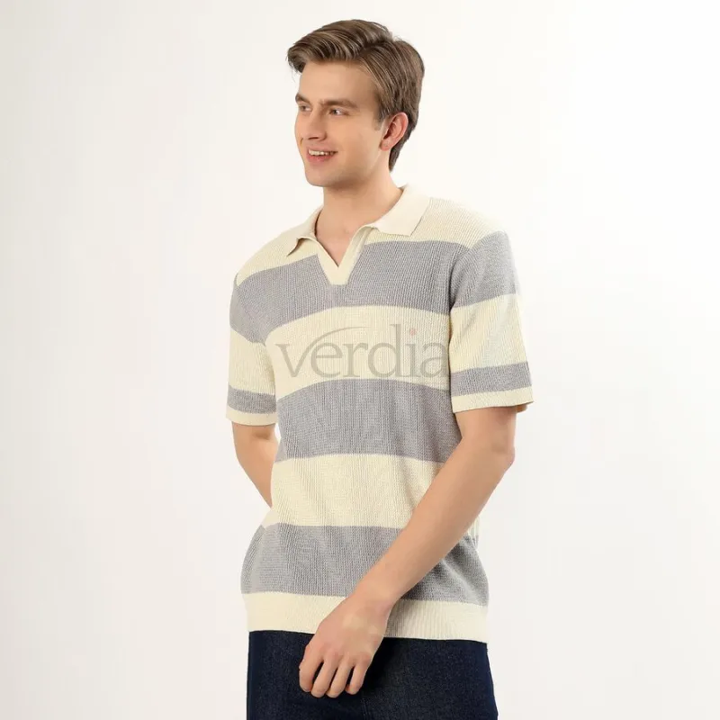 Men's Light Grey and Cream Polo Neck Striped T-Shirt