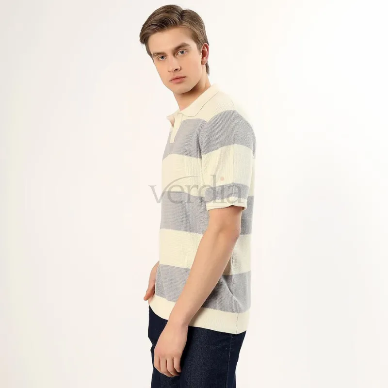 Men's Light Grey and Cream Polo Neck Striped T-Shirt view 3