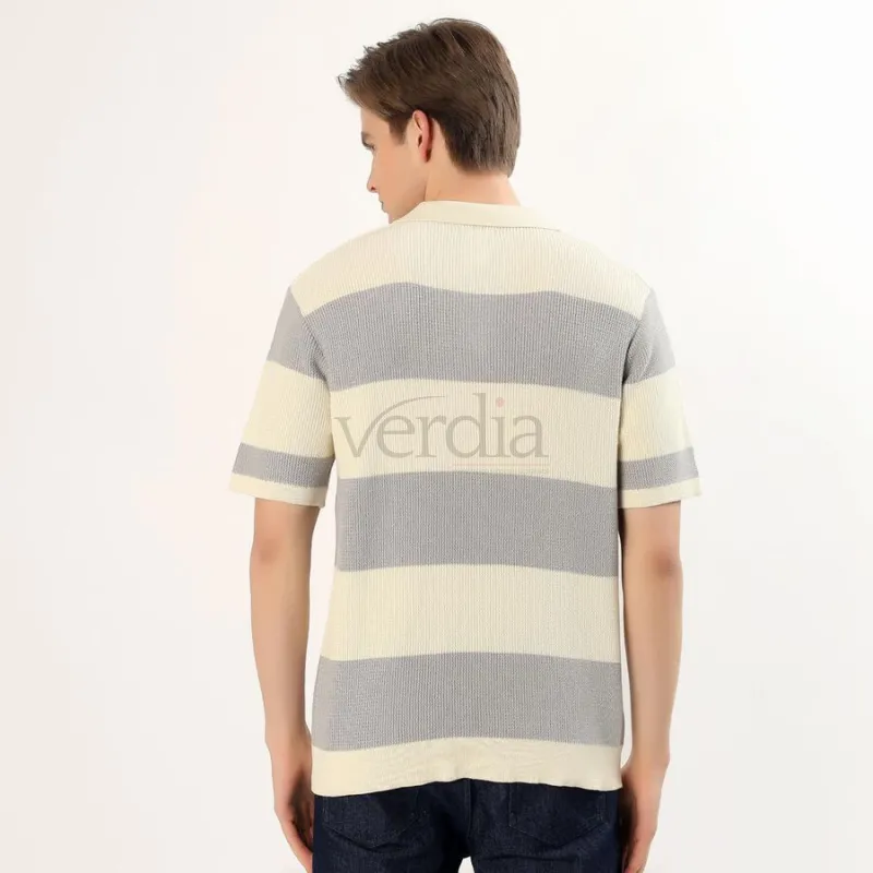Men's Light Grey and Cream Polo Neck Striped T-Shirt view 4
