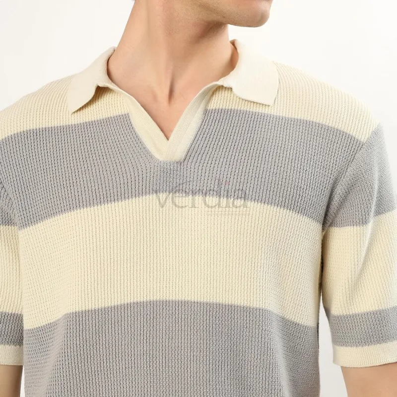 Men's Light Grey and Cream Polo Neck Striped T-Shirt view 5