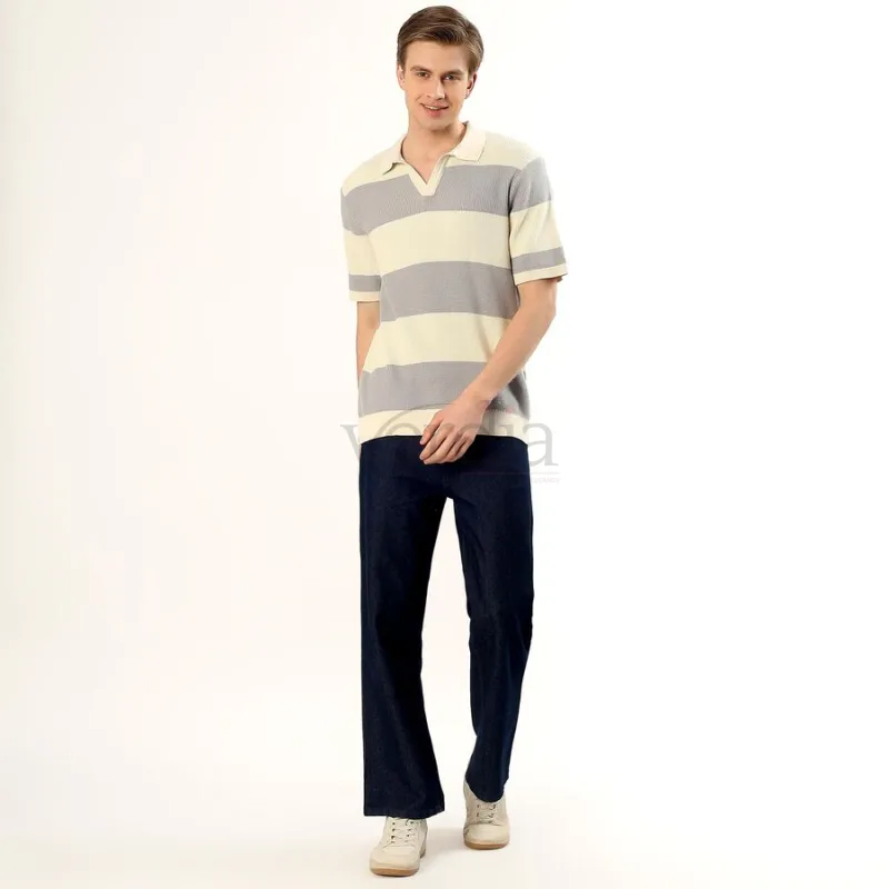 Men's Light Grey and Cream Polo Neck Striped T-Shirt view 6