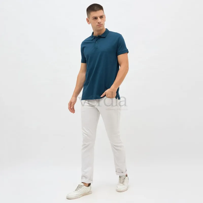Men's Teal Blue Cotton Polo Neck Classic T-Shirt view 5