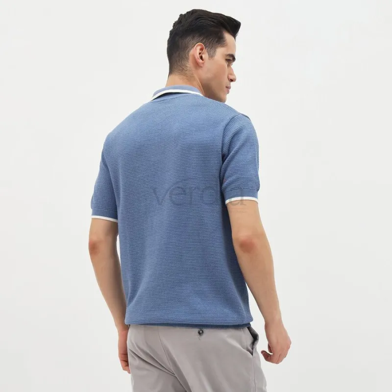 Men's Muted Steel Blue Cotton Polo Collar Casual T-Shirt view 3