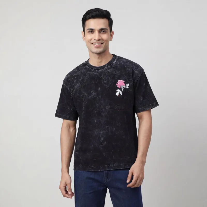 Men's Black Cotton Round Neck Casual T-Shirt