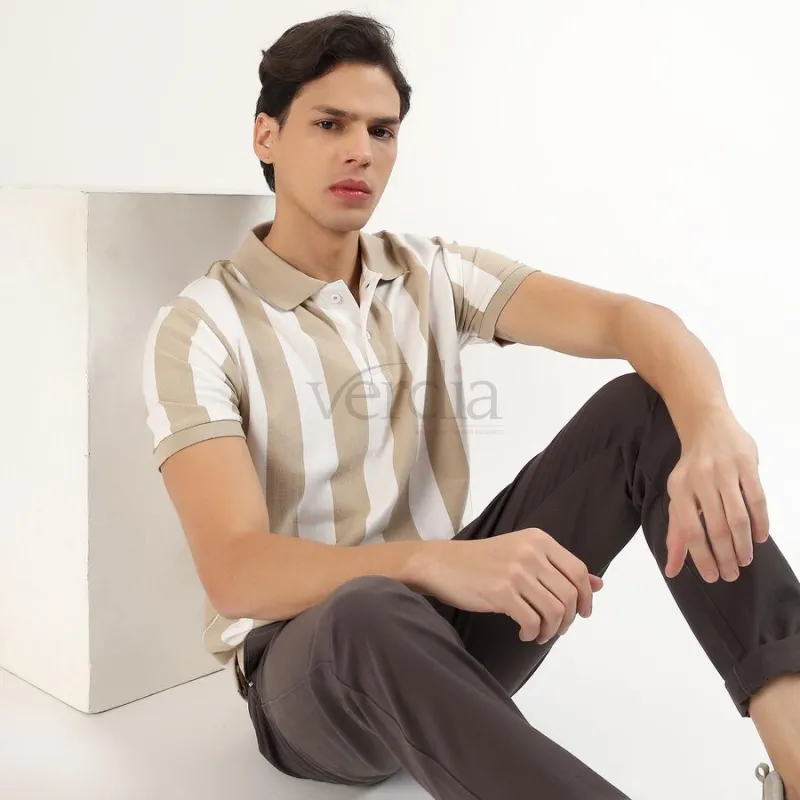 Men's Beige and White Polo Neck Striped T-Shirt