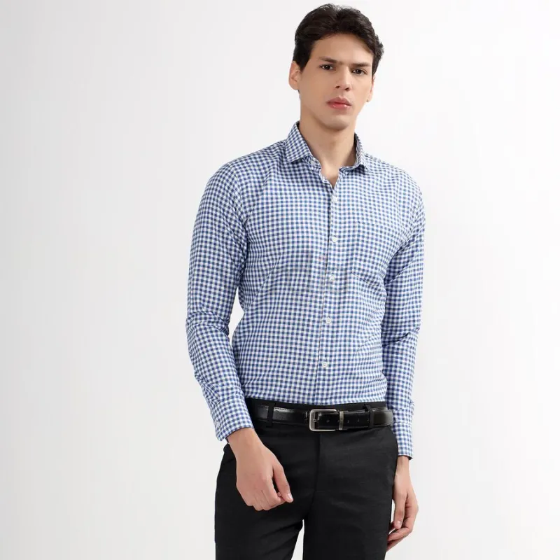 Men's Bright Blue Checked Cut Away Collar Slim Fit Shirt