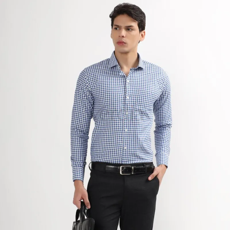 Men's Bright Blue Checked Cut Away Collar Slim Fit Shirt