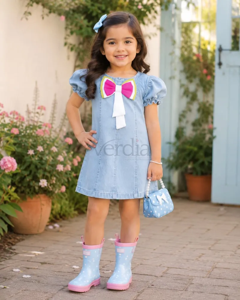 Light Blue Denim Tunic with Watermelon Color Bow view 2