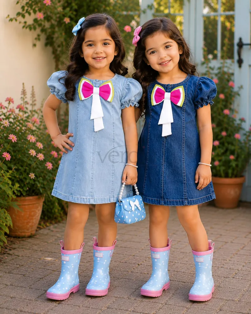 Light Blue Denim Tunic with Watermelon Color Bow