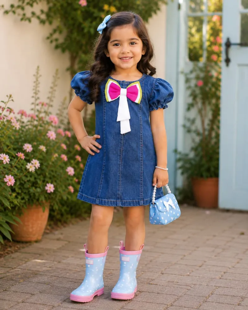 Light Blue Denim Tunic with Watermelon Color Bow view 3
