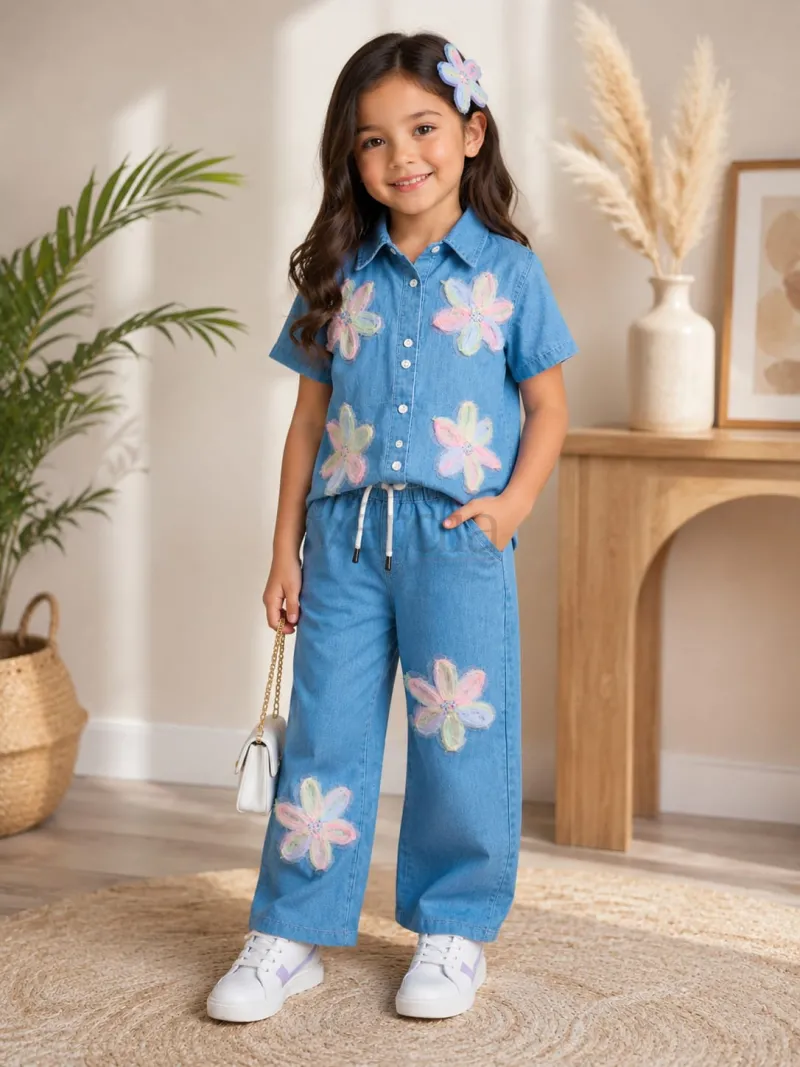 Soft Denim Co-ord Set with Flower Applique