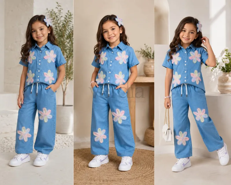 Soft Denim Co-ord Set with Flower Applique