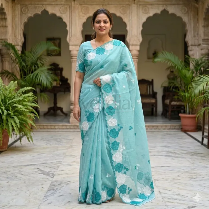 Cotton Kota Doria Saree with Embroidery Work and Blouse