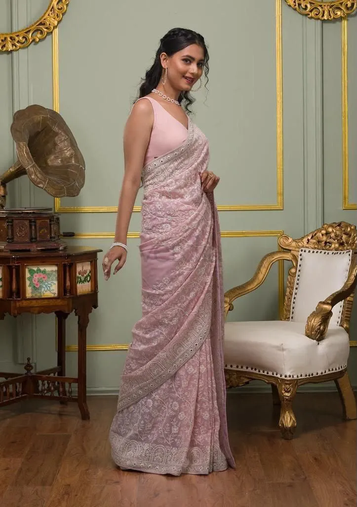 Faux Georgette Saree with White Thread & Sequins Work with Gota Patti Embroidery Borders, view 2