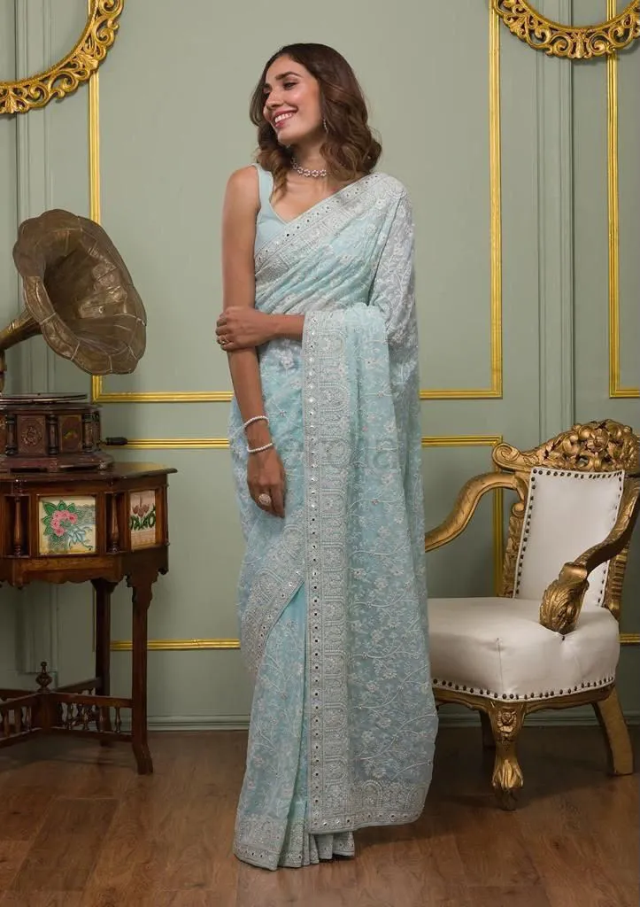 Faux Georgette Saree with White Thread & Sequins Work with Gota Patti Embroidery Borders,