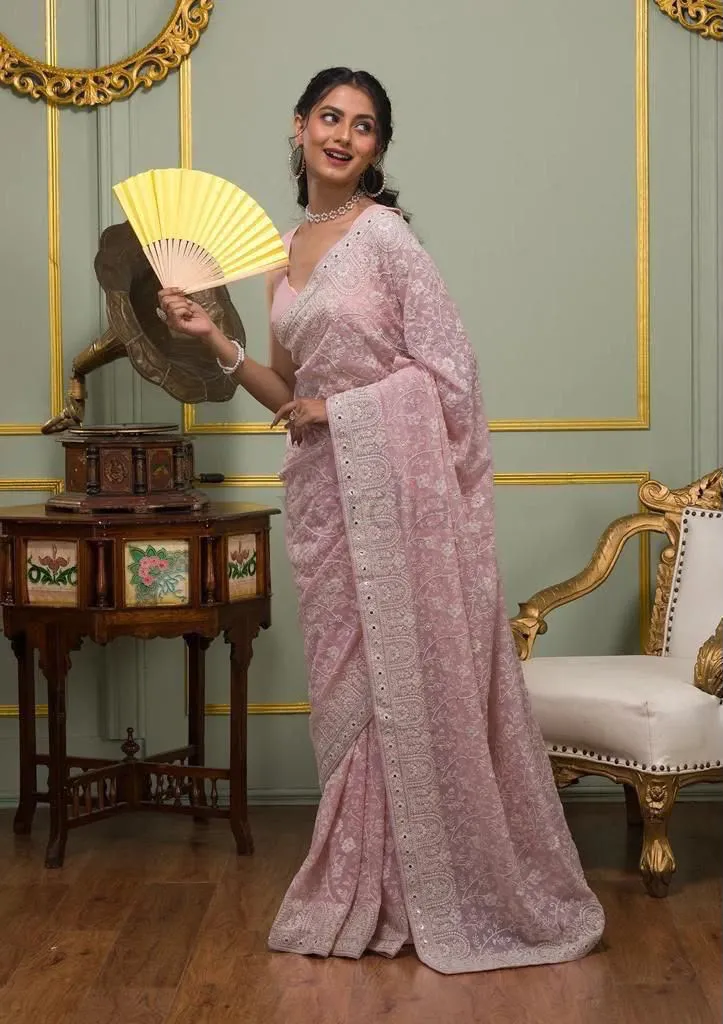 Faux Georgette Saree with White Thread & Sequins Work with Gota Patti Embroidery Borders,