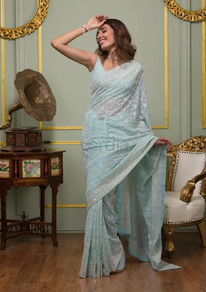 Faux Georgette Saree with White Thread & Sequins Work with Gota Patti Embroidery Borders, view 4