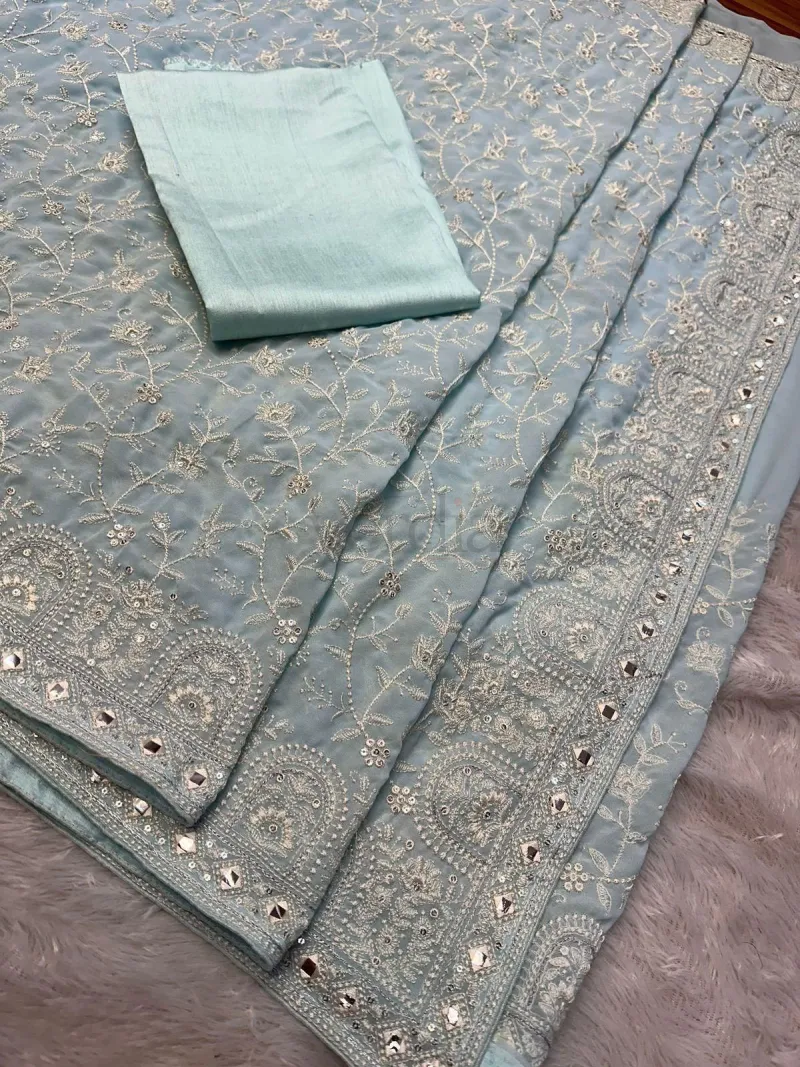 Faux Georgette Saree with White Thread & Sequins Work with Gota Patti Embroidery Borders, view 5