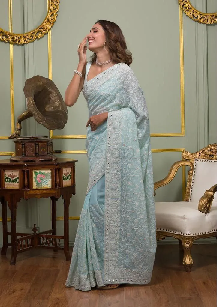 Faux Georgette Saree with White Thread & Sequins Work with Gota Patti Embroidery Borders, view 6