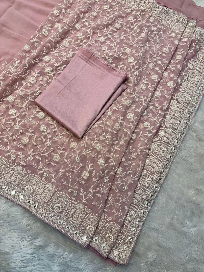 Faux Georgette Saree with White Thread & Sequins Work with Gota Patti Embroidery Borders, view 8