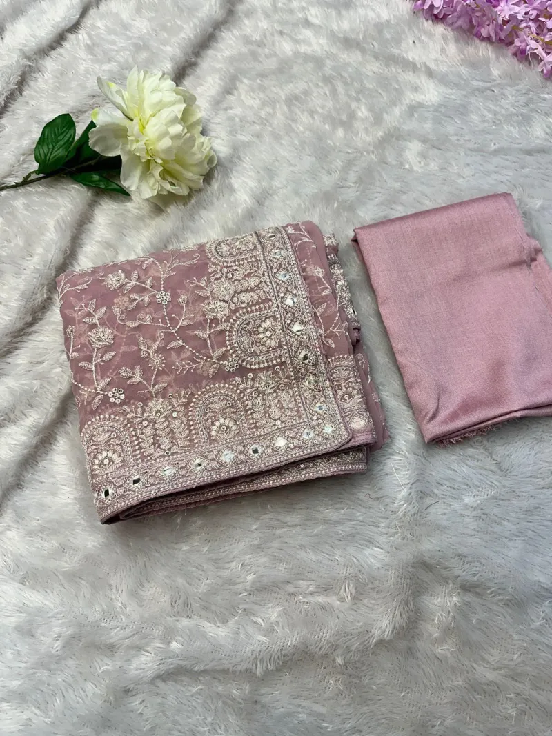 Faux Georgette Saree with White Thread & Sequins Work with Gota Patti Embroidery Borders, view 9