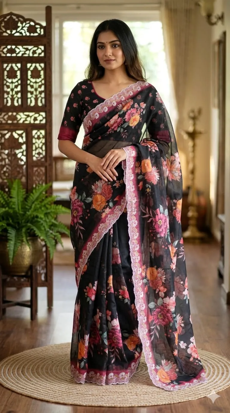 Kota Doria Floral Digital Print Saree with Embroidery Thread Work