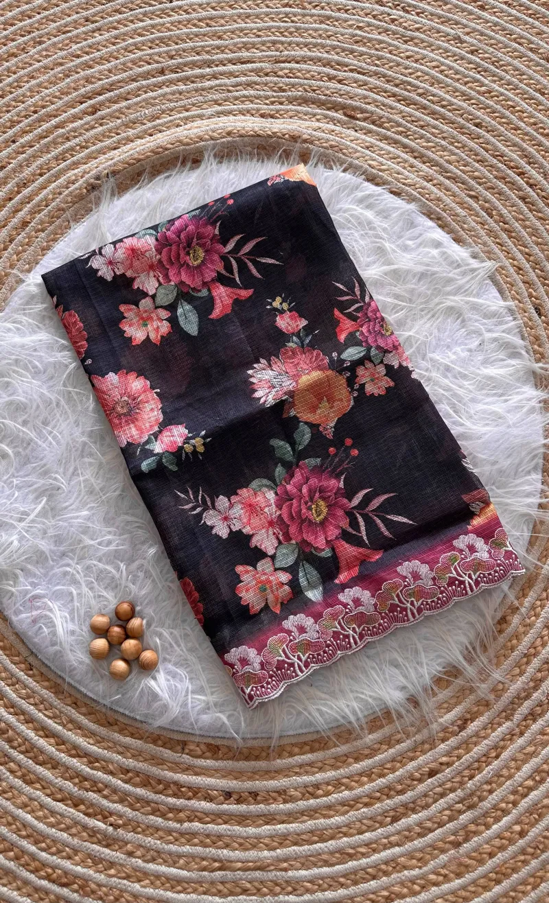 Kota Doria Floral Digital Print Saree with Embroidery Thread Work