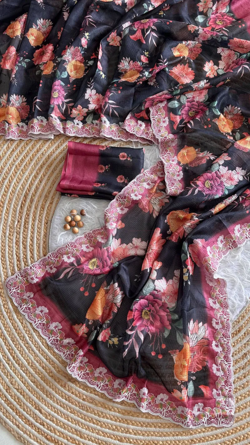 Kota Doria Floral Digital Print Saree with Embroidery Thread Work view 3
