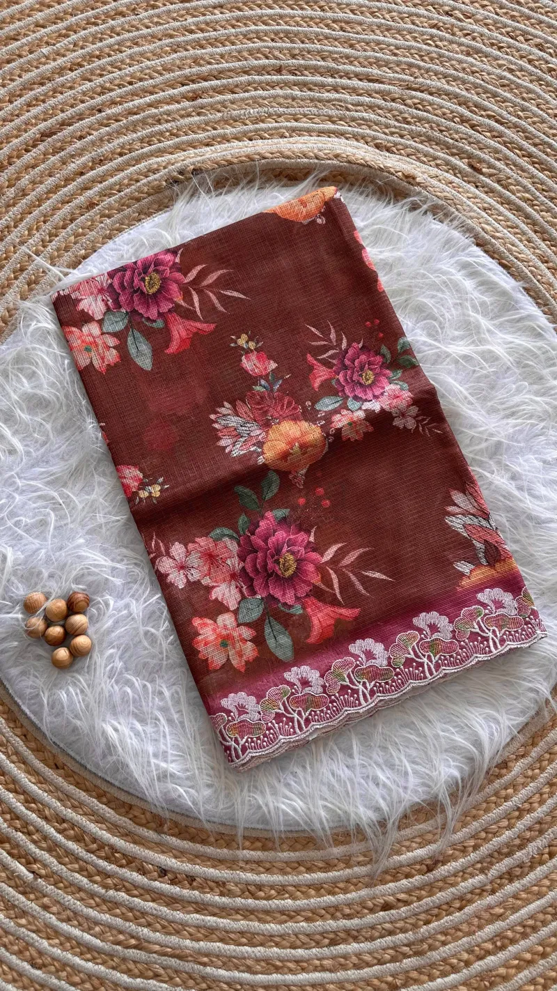 Kota Doria Floral Digital Print Saree with Embroidery Thread Work view 4