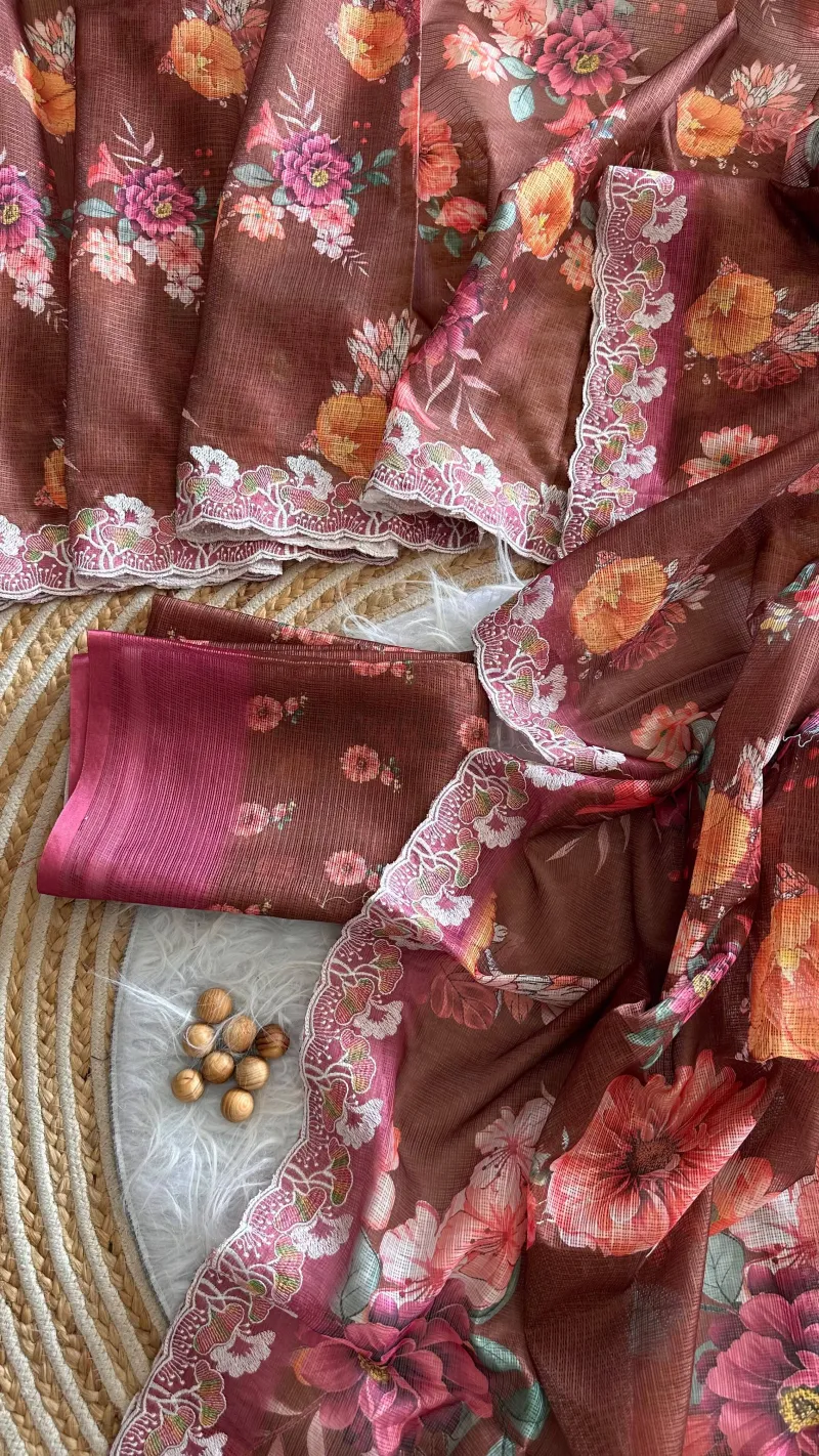 Kota Doria Floral Digital Print Saree with Embroidery Thread Work view 5