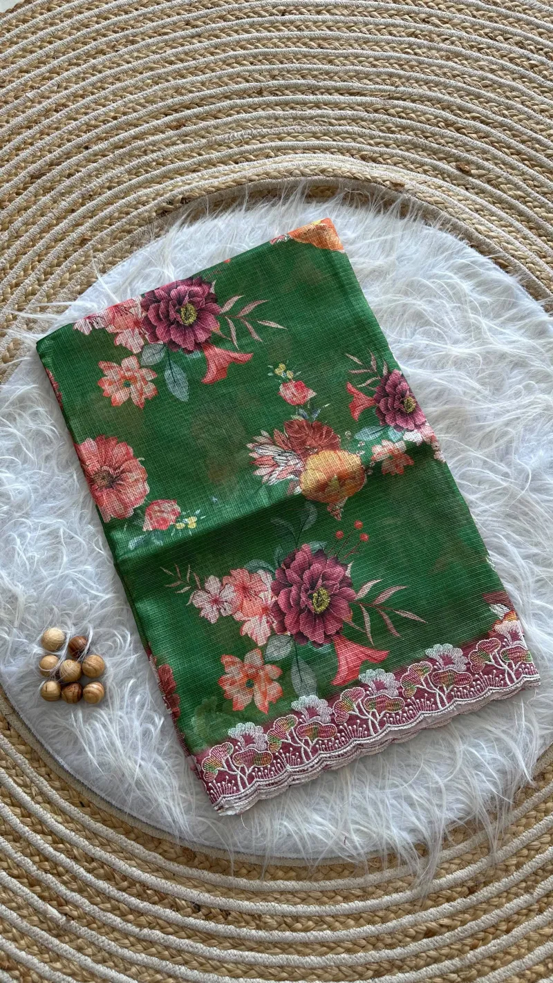 Kota Doria Floral Digital Print Saree with Embroidery Thread Work view 6