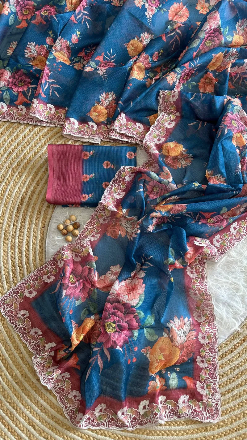 Kota Doria Floral Digital Print Saree with Embroidery Thread Work view 7